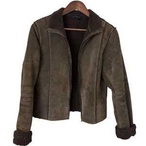 Express Y2K Brown‎ Leather Suede Sherpa Lined Jacket Full Zip Women's Medium